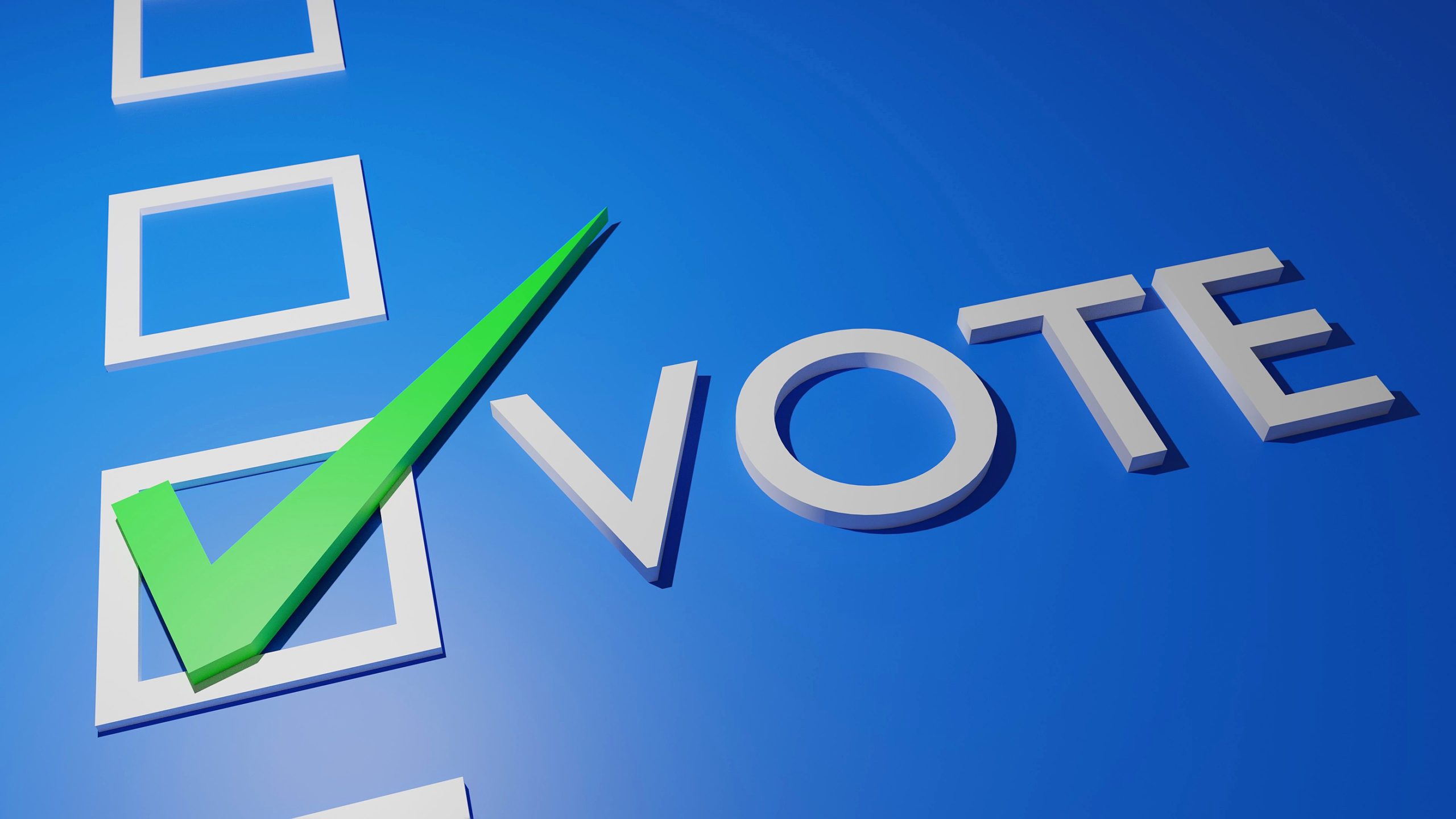 white text vote with green check correct sign in white blank box isolated on blue background, 3d rendering. general election, local election, popular vote, poll banner campaign concept