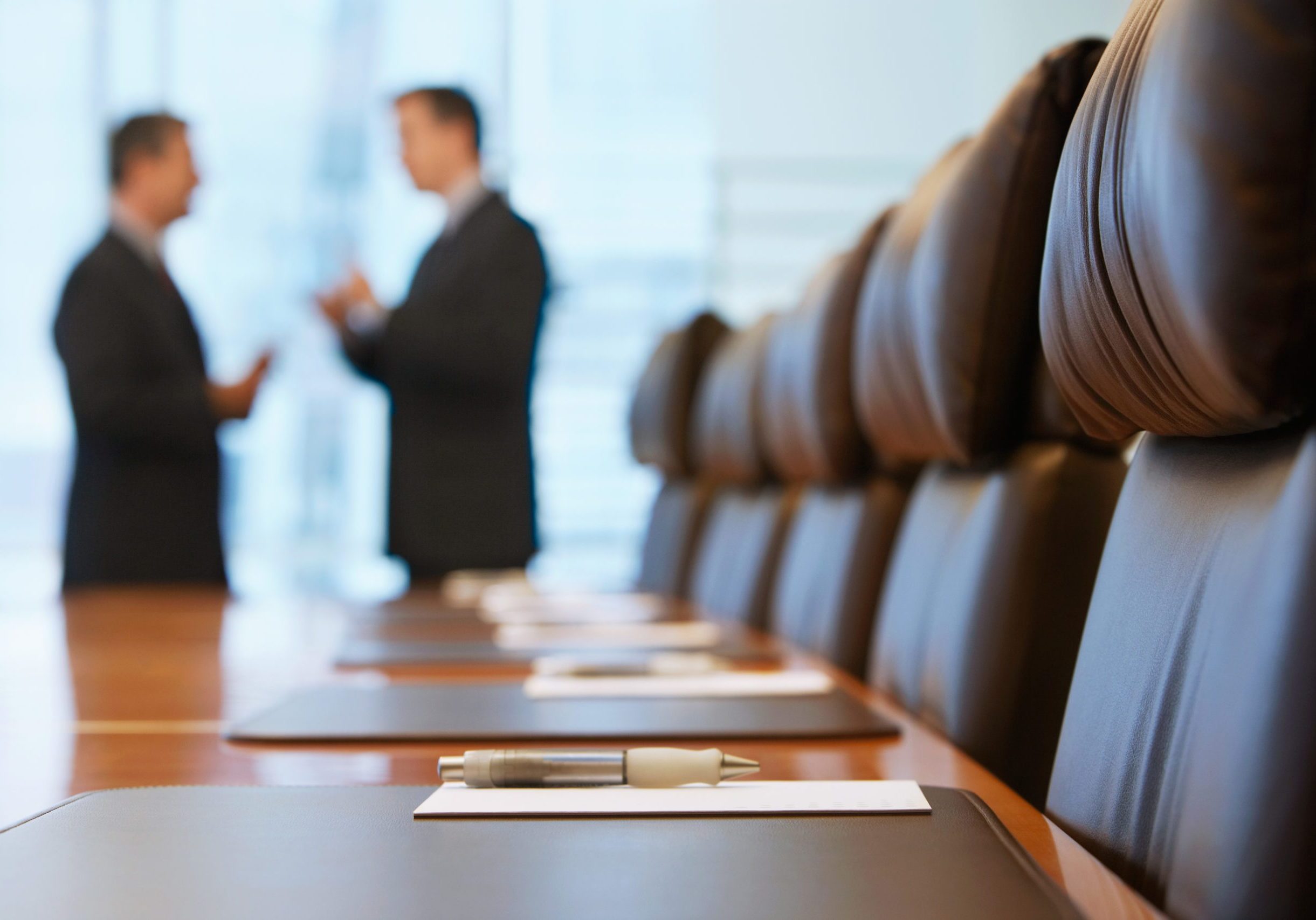 Side view of two blurred businessmen talking in conference room