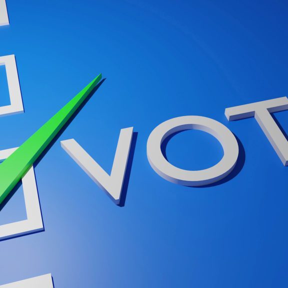white text vote with green check correct sign in white blank box isolated on blue background, 3d rendering. general election, local election, popular vote, poll banner campaign concept